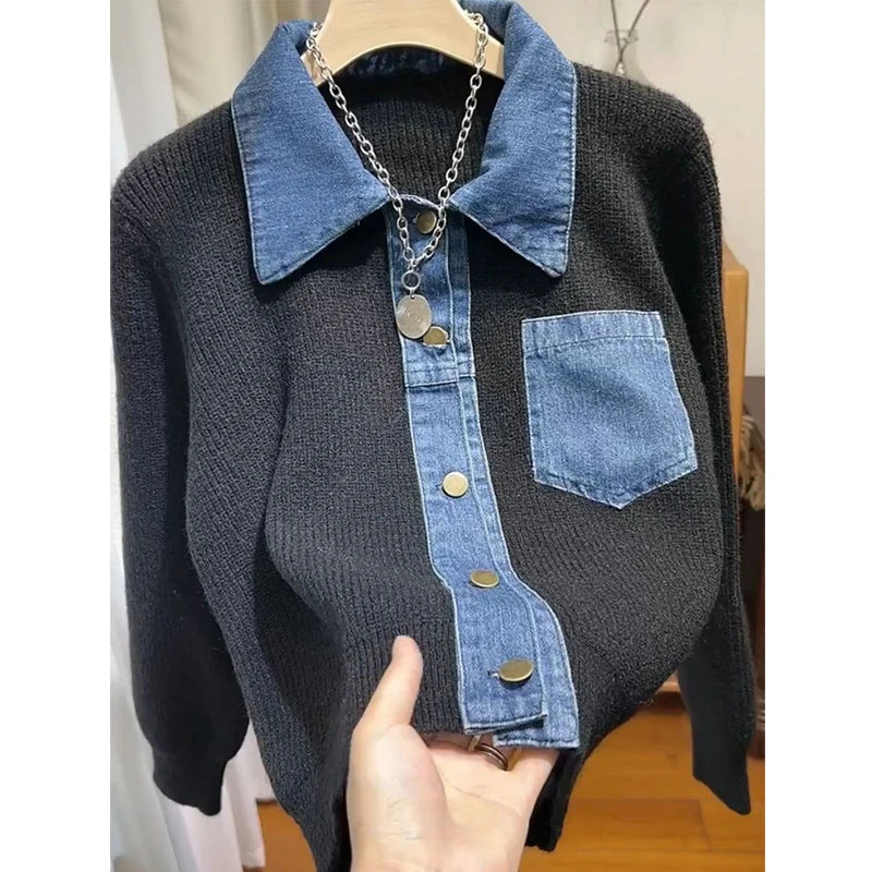 Women's Trendy Vintage Denim Patchwork Single Breasted Knitted Cardigan Autumn Casual Long Sleeve Loose Chic Pocket Sweater Coat