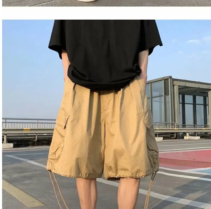 Khaki 7-point Men Summer Thin Japanese Workwear Wide-leg Loose Over-knee Shorts