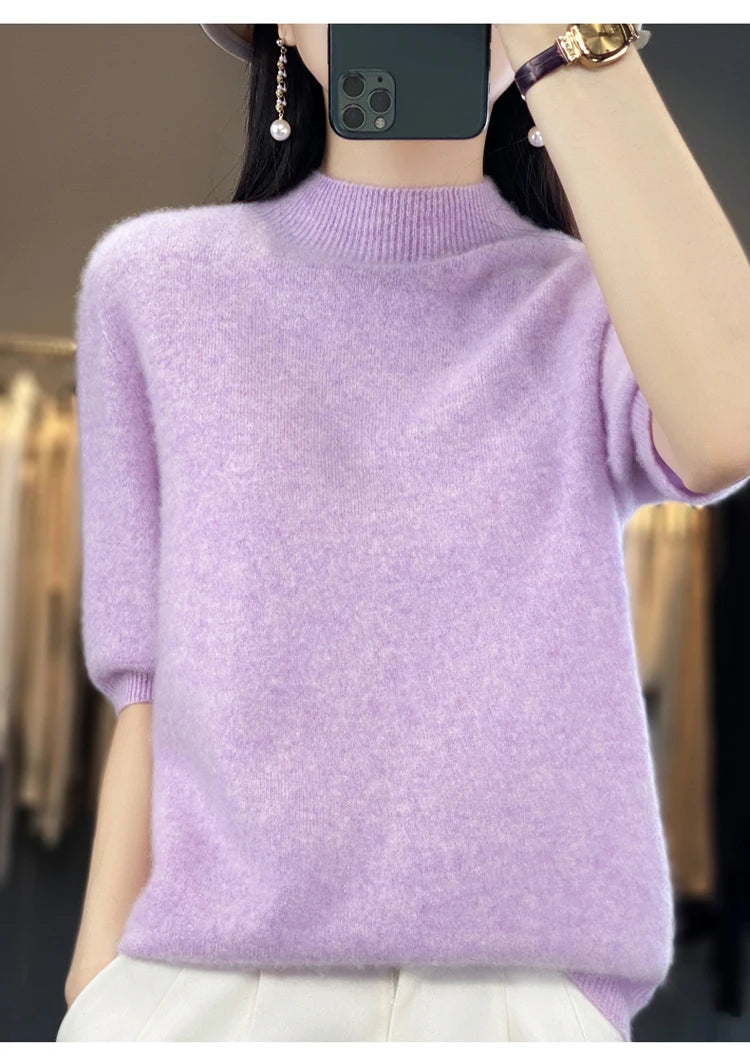 100% pure wool short sleeve summer new women's semi-high neck pullover blouse loose knit vest fashion T-shirt
