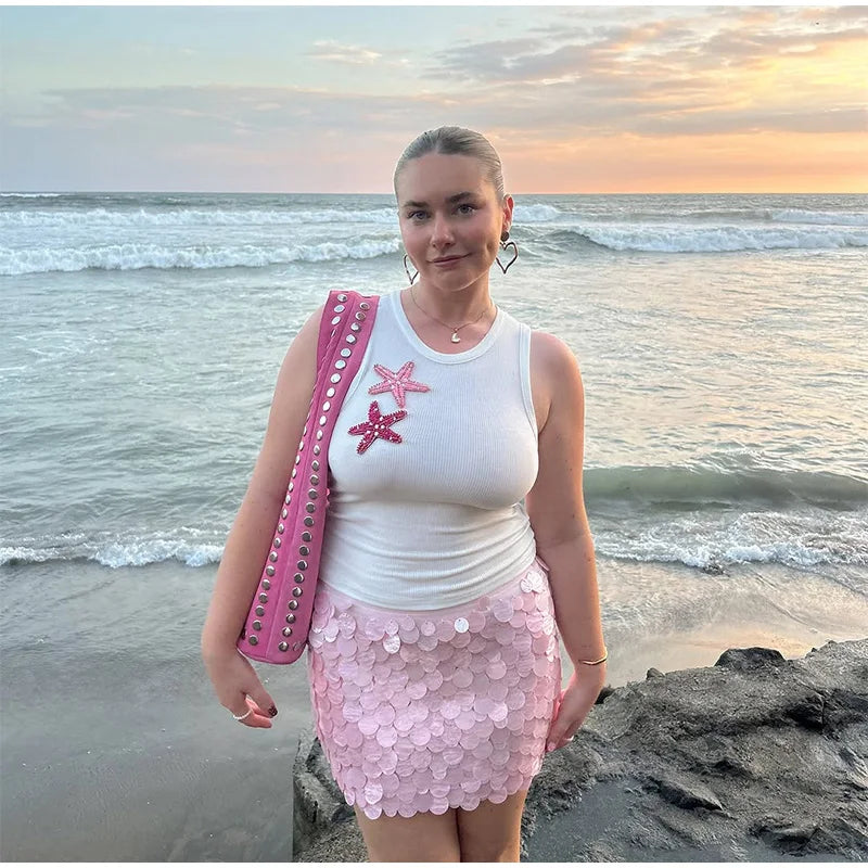 Sexy Tank Skirt Women's Set 3D Appliques Sleeveless Tanks Sequin Mini Skirt Female Sets 2025 Summer Beach Vacation Lady Suit