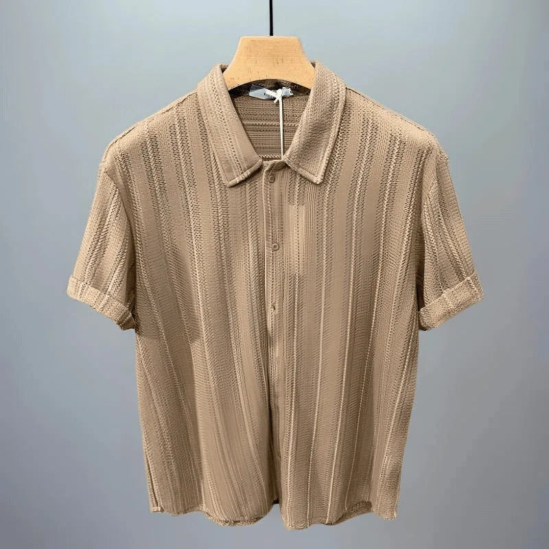 New High-End Hollow Design Men's Summer Thin Short-Sleeve Shirt - Lapel Casual Top