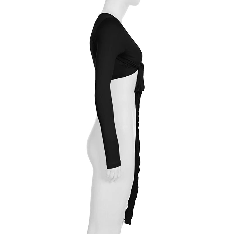 Cuteandpsycho Solid Slim Lace Up Leisure Shirts Long Sleeves V-neck Chic Basics Clothes Y2K Streetwear Casual Tops for Women