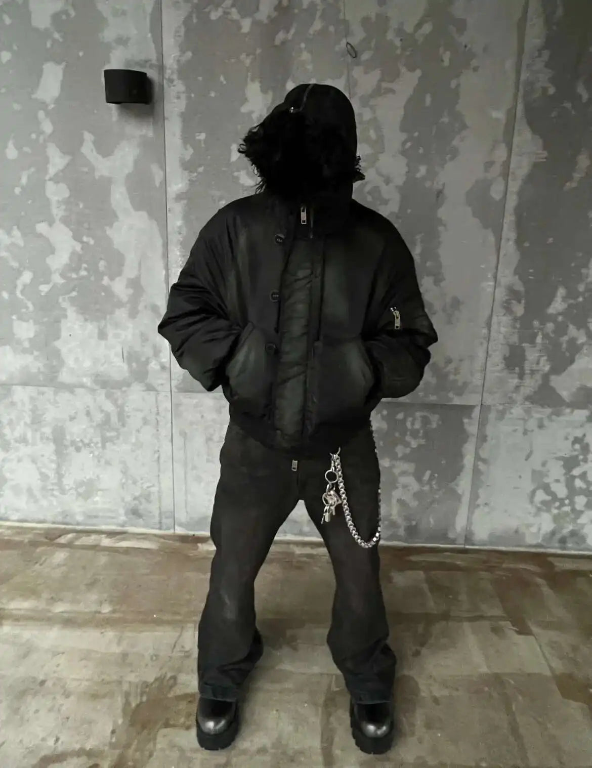 PFNW Winter New Oversized Black Cotton-padded Coat Men's Trend Tie-dye Print Fur Collar Zipper Hooded Quilted Padded Jackets