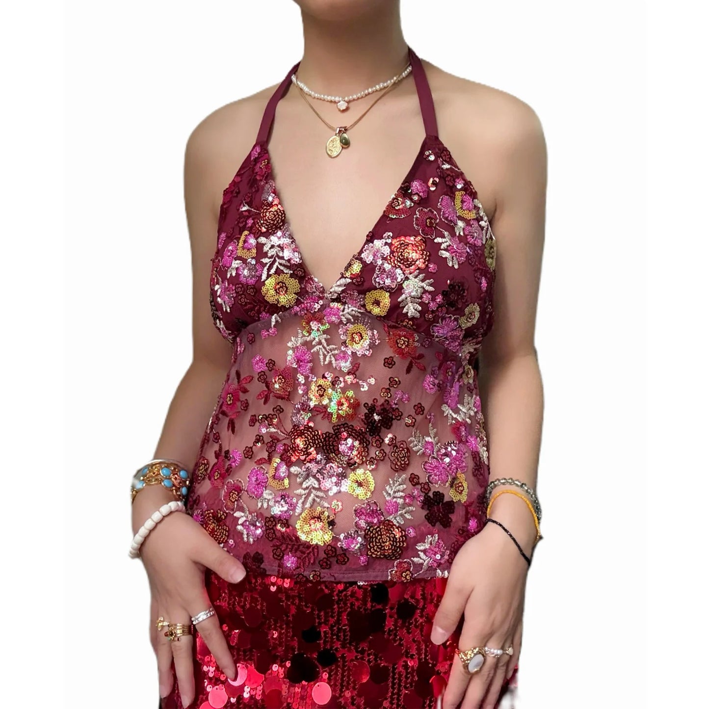 Sexy Deep V Neck Beach Tank Tops Women y2k Coquette Summer Sequins Patchwork Sleeveless Vest Vacation Backless Beach Tops