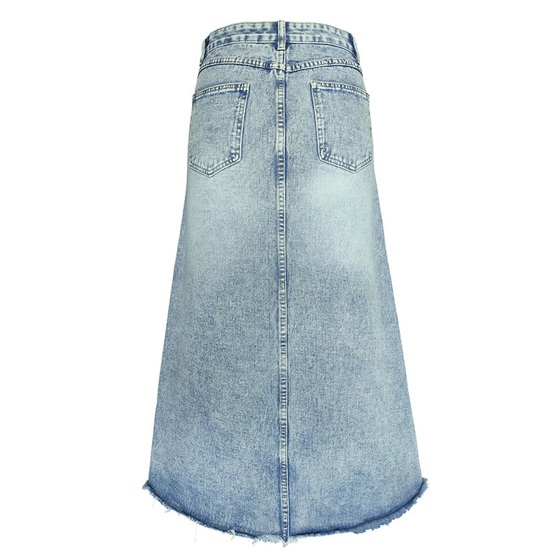 2024 New Elegant Long Denim Skirt Ladies Arrival Retro Casual Cotton Blue Street Ladies Loose Washed A-Line Skirt