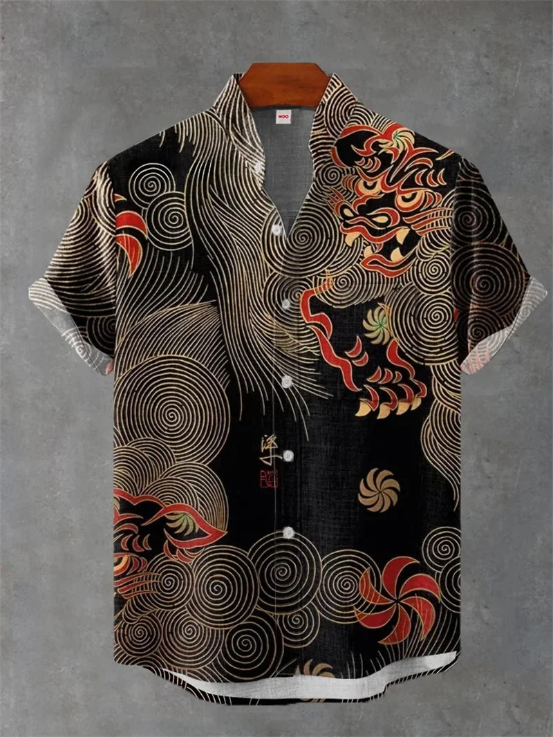 2025 Retro Ukiyo-e Pattern 3D Printing Linen Shirt Men's Fashion Shirt Summer Casual Harajuku Street Wear Vacation Shirt