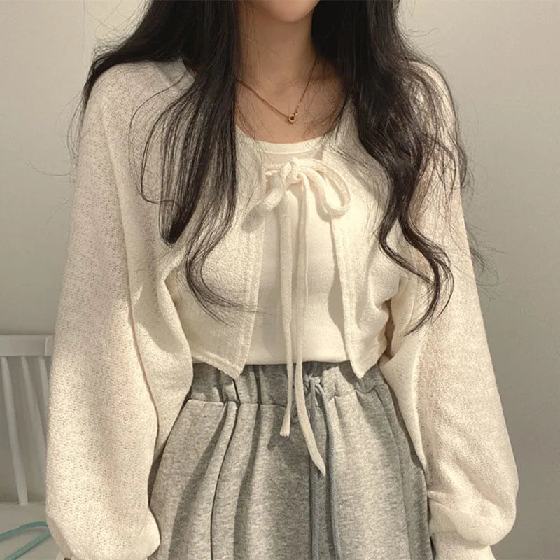 Rimocy 2023 Thin White Cardigan Women Summer Sunscreen Lace-Up Knitwear Top Female Korean Style Lantern Sleeve Short Coat Woman
