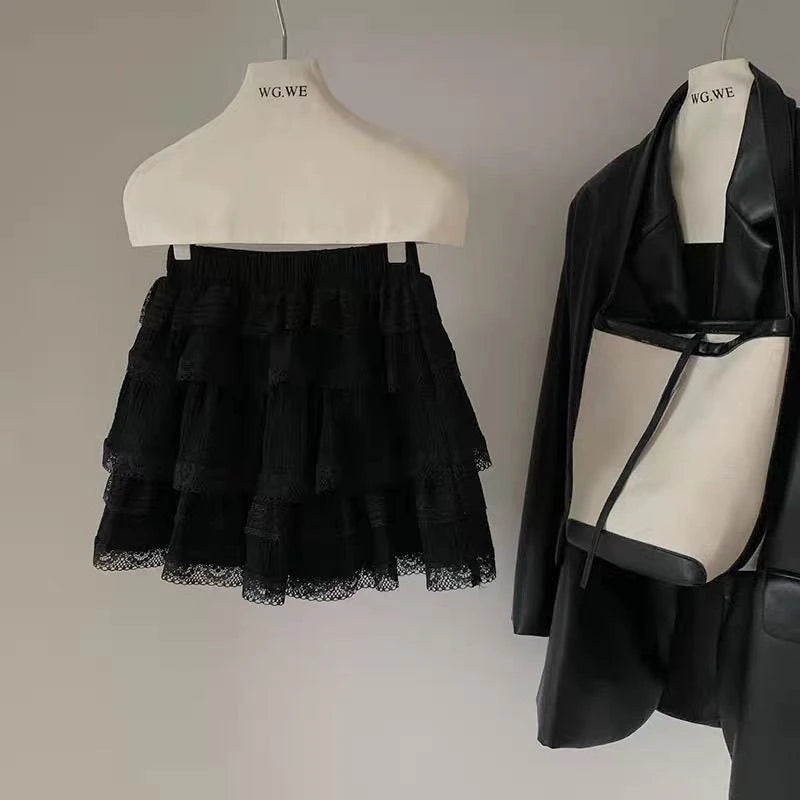 Deeptown Korean Style Sweet Ruffle Mini Skirts Women Lolita Kawaii Casual Pleated Short Skirt Elegant Cute White Layered Skirt