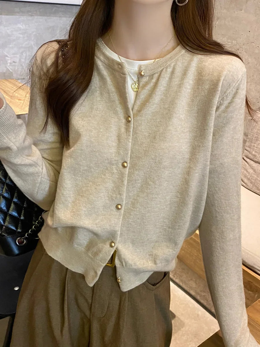 Solid Color Knitted for Women Cardigan Korean Single Breasted Long Sleeve Jumper Woman Round Neck All Match Cardigans Outwear
