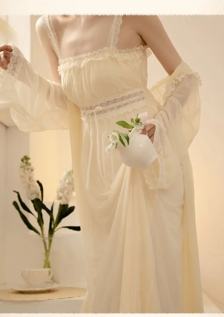 PLUS SIZE 2PCS Robe Set Female Court Style Satin Nightdress Sexy Lace Trim Sleep Suit Home Dress Gown Spaghetti Strap Nightwear