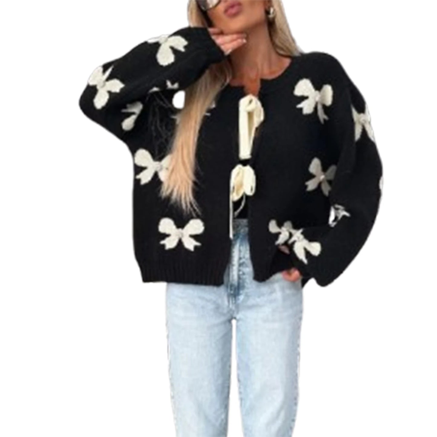 Combhasaki Women's Autumn Y2K Elegant Sweater Cardigan Lantern Long Sleeve Bow Print Pearl Decor Tied Split Front Knitwear Tops