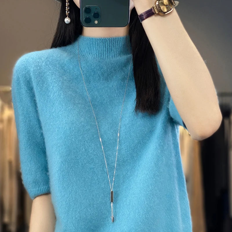 100% pure wool short sleeve summer new women's semi-high neck pullover blouse loose knit vest fashion T-shirt