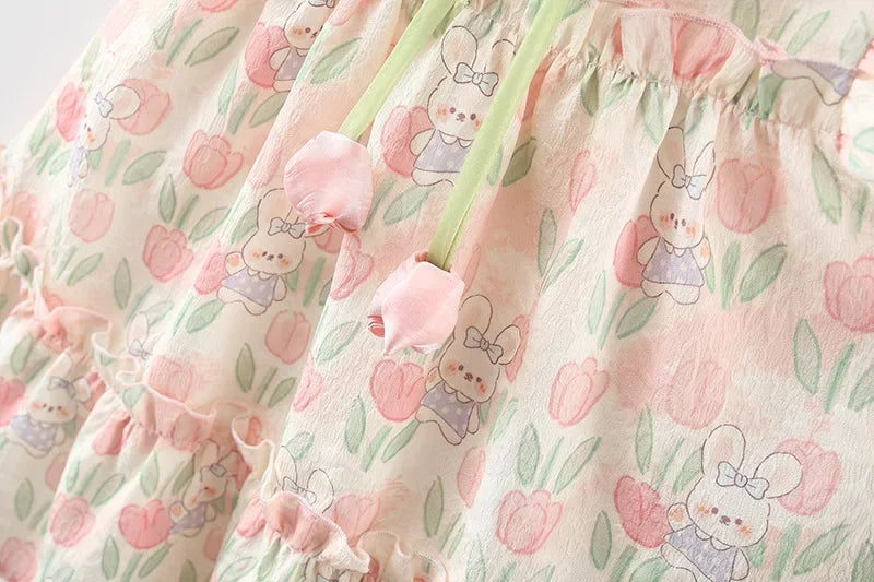 Summer Hardwear Girl Dress Tulip Cartoon Rabbit Print Small Flying Sleeves Flower Neck Bow Ribbon Tulip Flower Pattern