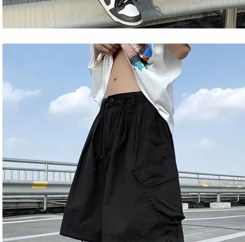 Khaki 7-point Men Summer Thin Japanese Workwear Wide-leg Loose Over-knee Shorts