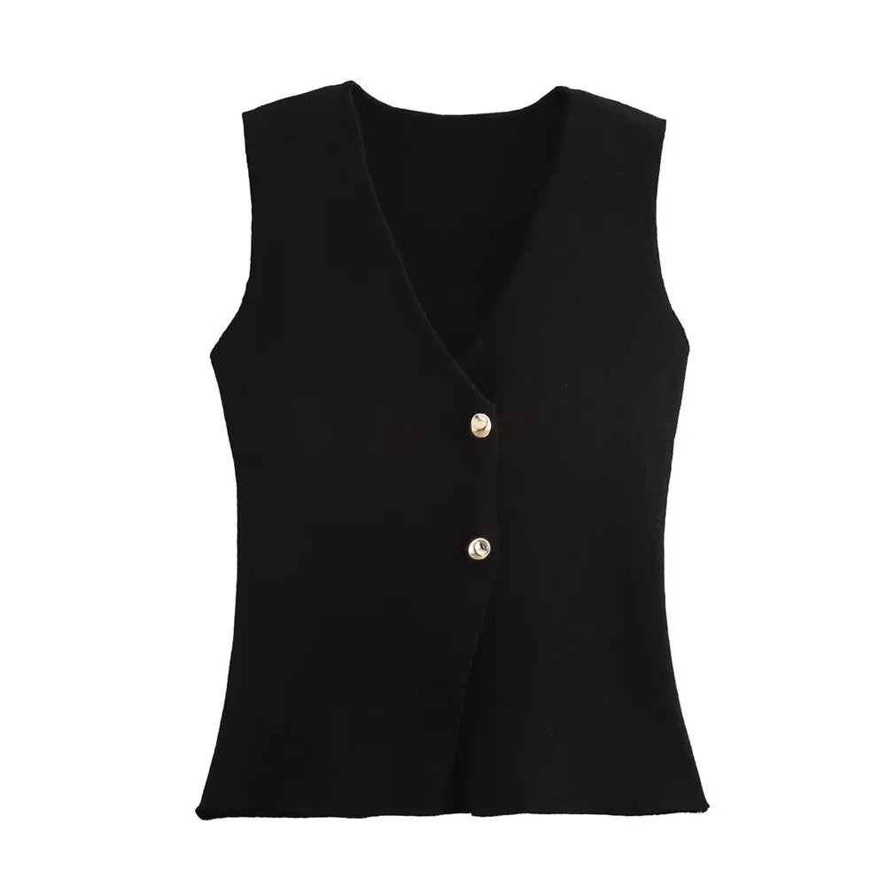 UNIZERA2024 Summer New Product Casual Women's Wear Simple and Fashionable Gold Button Knitted Tank Top