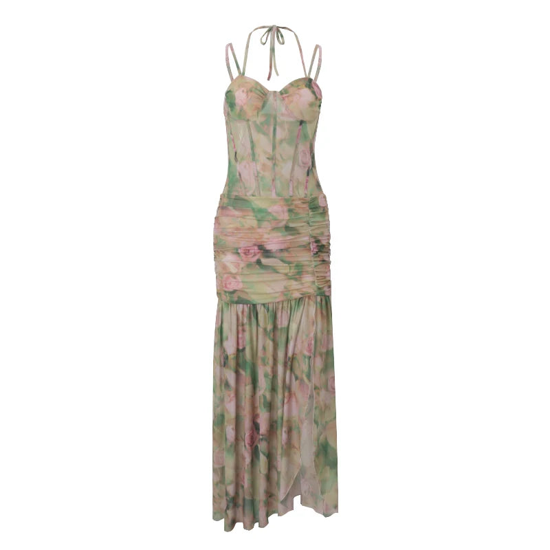 Candyhot Sexy High Waist Split Floral Print Bodycon Spaghetti Strap Dress Summer Fashion Party Vacation Beach New Women Vestidos