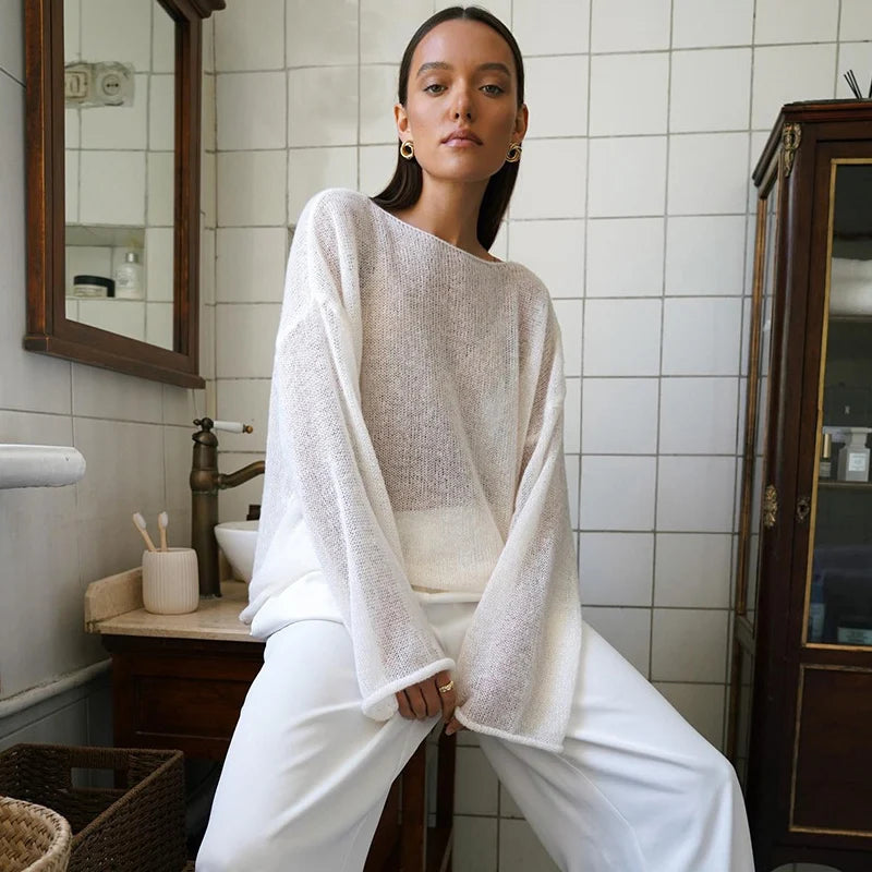 MSCSZ Red Long Sleeve Oversized Sweater Women Transparent Knitted Sweater 2025 Spring Autumn Cozy Sweaters Pullover Tops