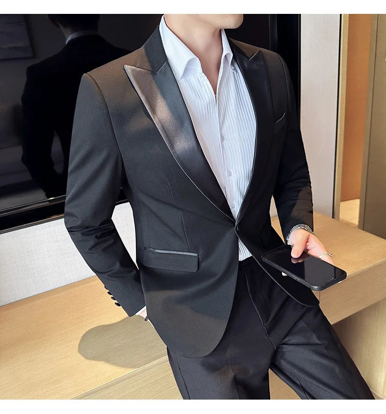 ( Jacket + Vest + Pants ) High-end Brand Boutique Fashion Men's Casual Business Black Smoking Suit Groom Wedding Dress Tuxedo