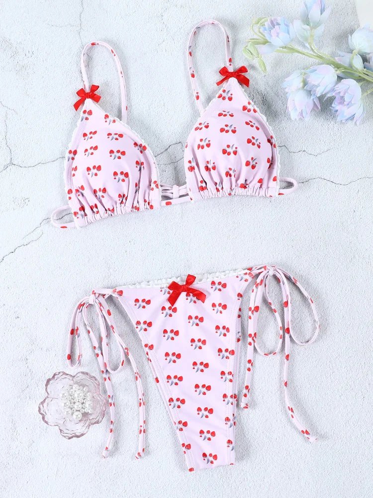 Plaid Print Bikinis Bow Swimwear Women Swimsuit Triangle Bikini Set Bandage Bath Suit Low Waist Thong Beachwear New Biquini