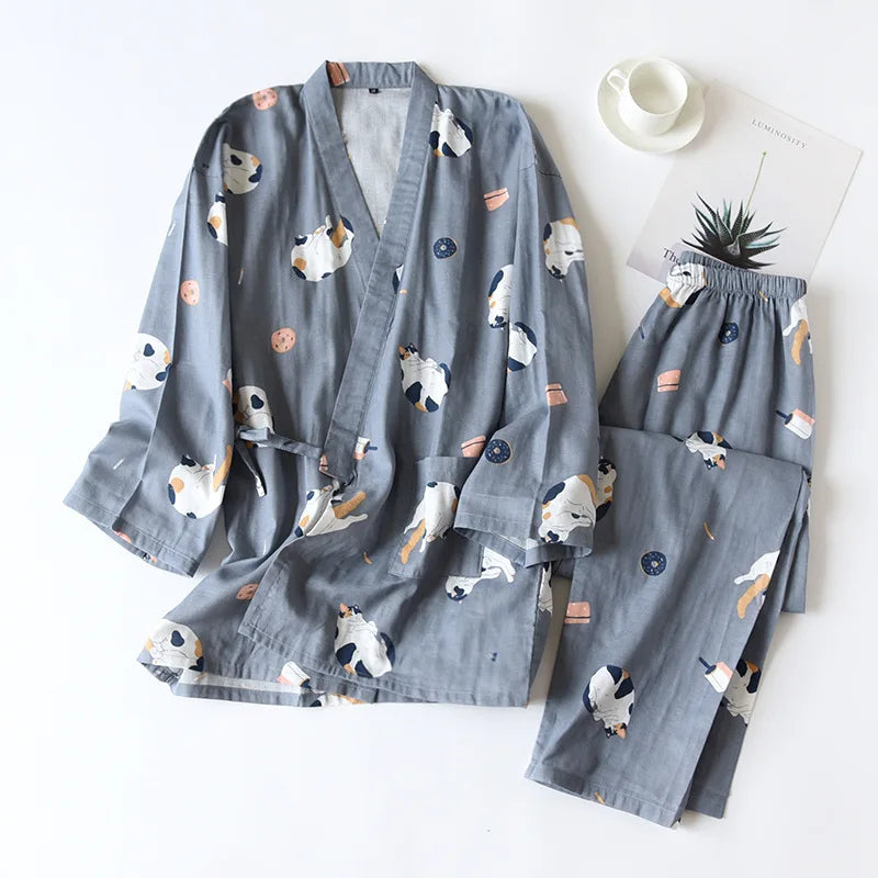 Japanese-style kimono two-piece couple pajamas cover men and women pure cotton gauze cute kitten thin homeware sleepware nighty