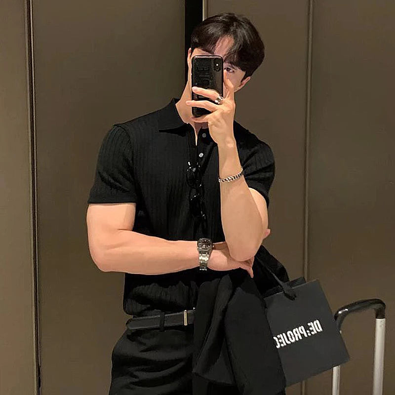 New Men Korean Style Polo Shirt Luxury Leisure Knited T-shirt Casual Striped Solid Color Short Sleeve Breathable Retro Knitwear