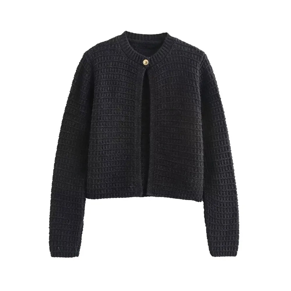TRZA-Women's Front Button Knit Cardigan Sweater, O Neck, Long Sleeve, Female Outerwear, Chic Tops, Fashion