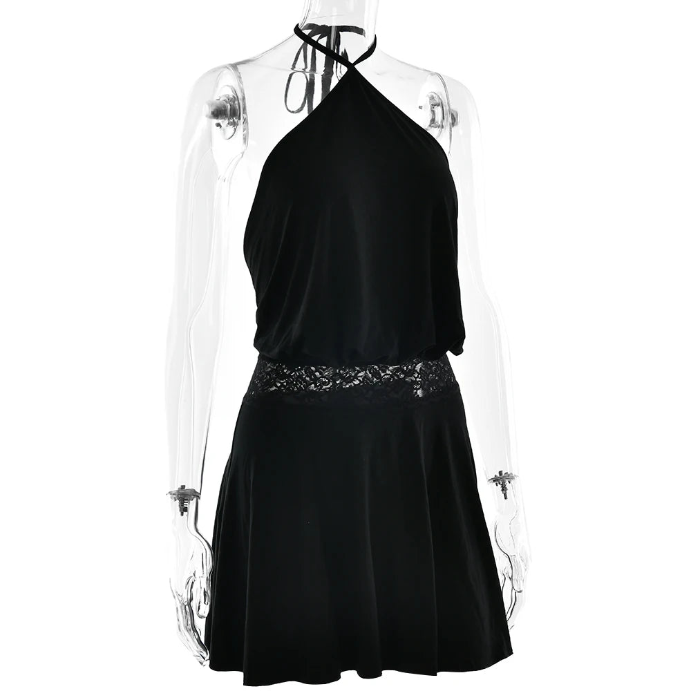 Absobe Halter Sleeveless Patchwork Lace Mini Dress For Women Backless Slim A-Line Short Dress Y2K Sexy Vacation Beach Streetwear