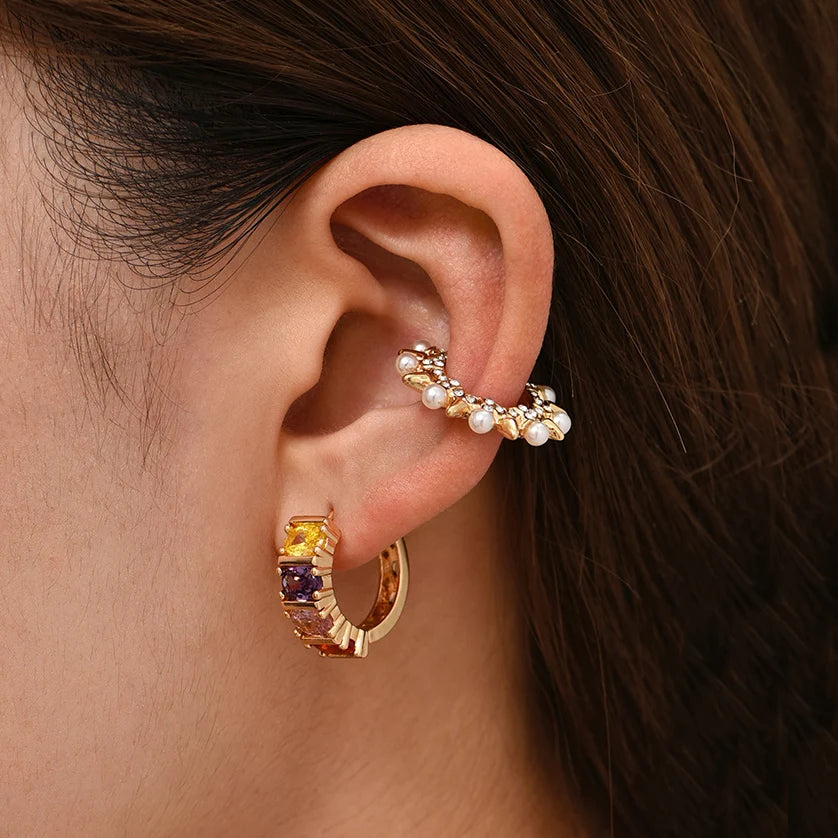 Punk Rock Helix Fake Cartilage Ear Cuff with Long Chain Circle Hoop Earrings Set for Women Tiny Piercing Huggie Earring Jewelry