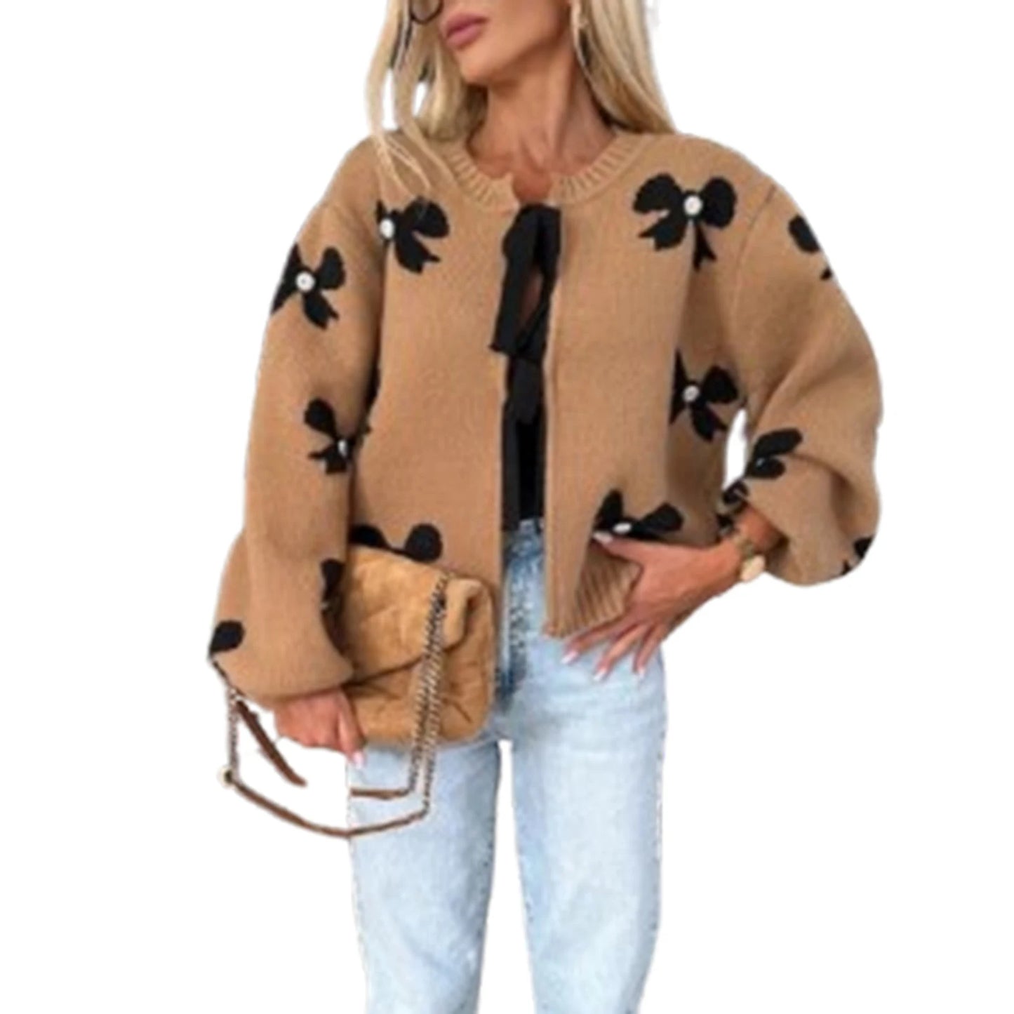 Combhasaki Women's Autumn Y2K Elegant Sweater Cardigan Lantern Long Sleeve Bow Print Pearl Decor Tied Split Front Knitwear Tops