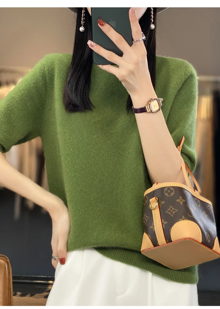 100% pure wool short sleeve summer new women's semi-high neck pullover blouse loose knit vest fashion T-shirt