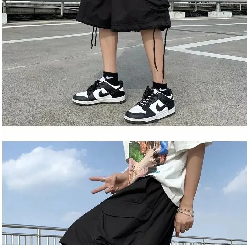 Khaki 7-point Men Summer Thin Japanese Workwear Wide-leg Loose Over-knee Shorts