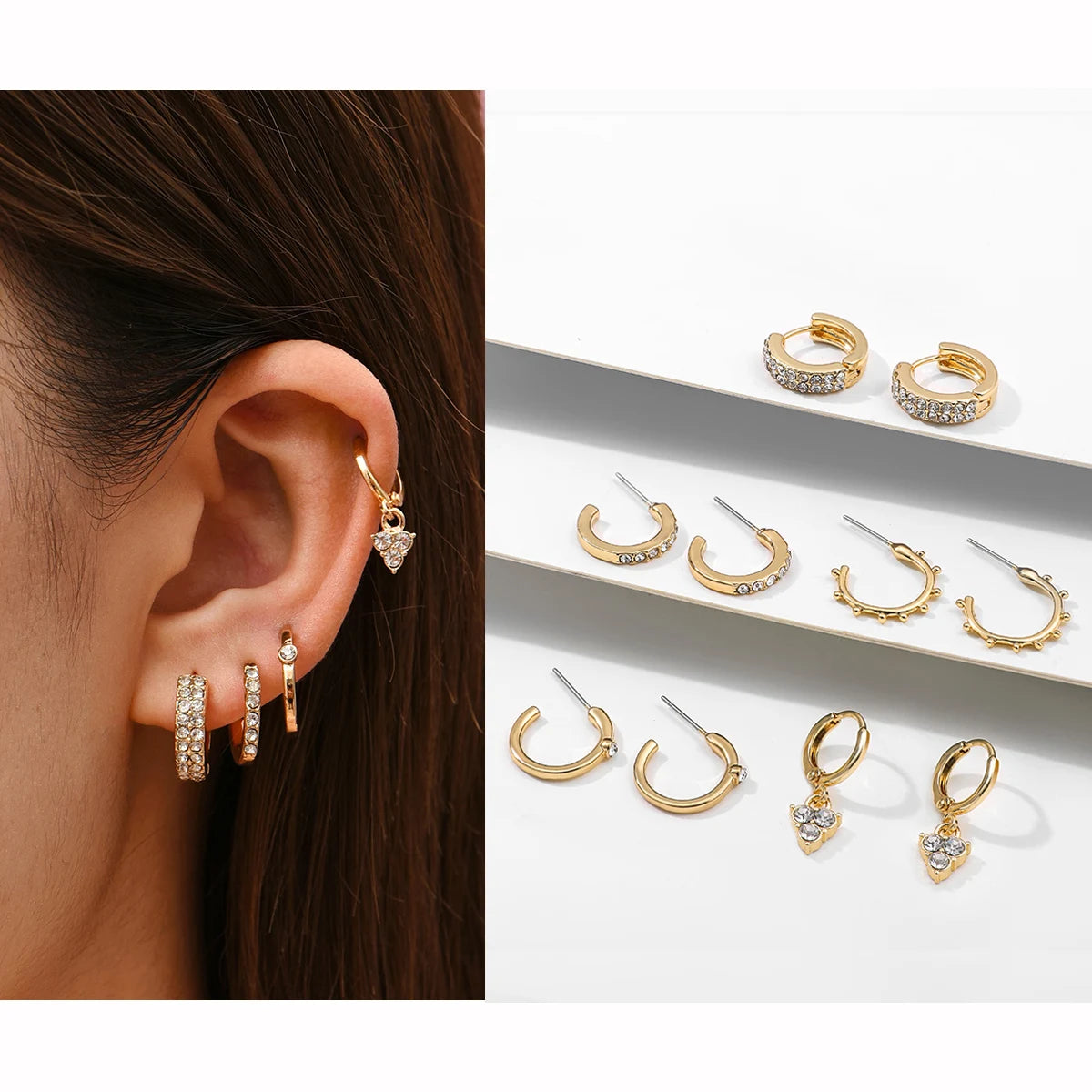 Punk Rock Helix Fake Cartilage Ear Cuff with Long Chain Circle Hoop Earrings Set for Women Tiny Piercing Huggie Earring Jewelry