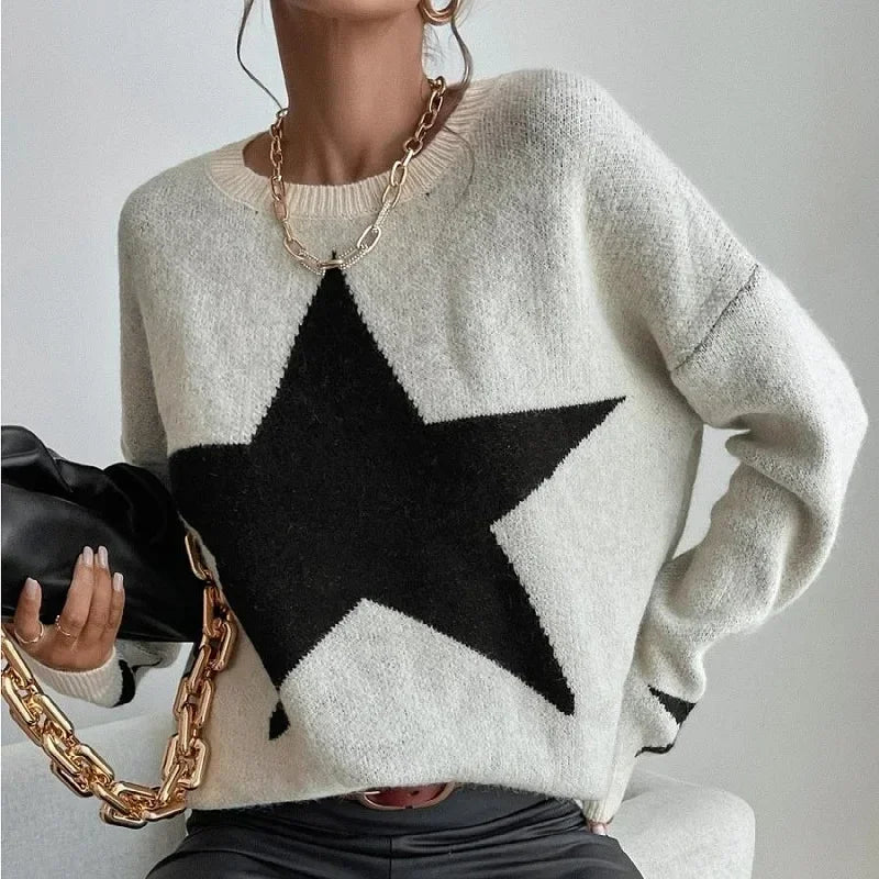 Star Sweater Pullover Women Autumn Spring Simple Knit Elastic Pullovers Jumper Casual Thick Warm Black White Basic Jumpers