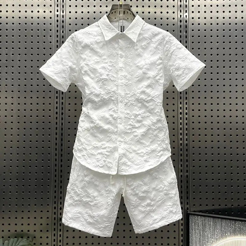 Summer New Relief Couple Thin Casual Two-piece Suit Men's Lapel Shirt Short Sleeve Trendy Shorts Comfortable Skin-friendly