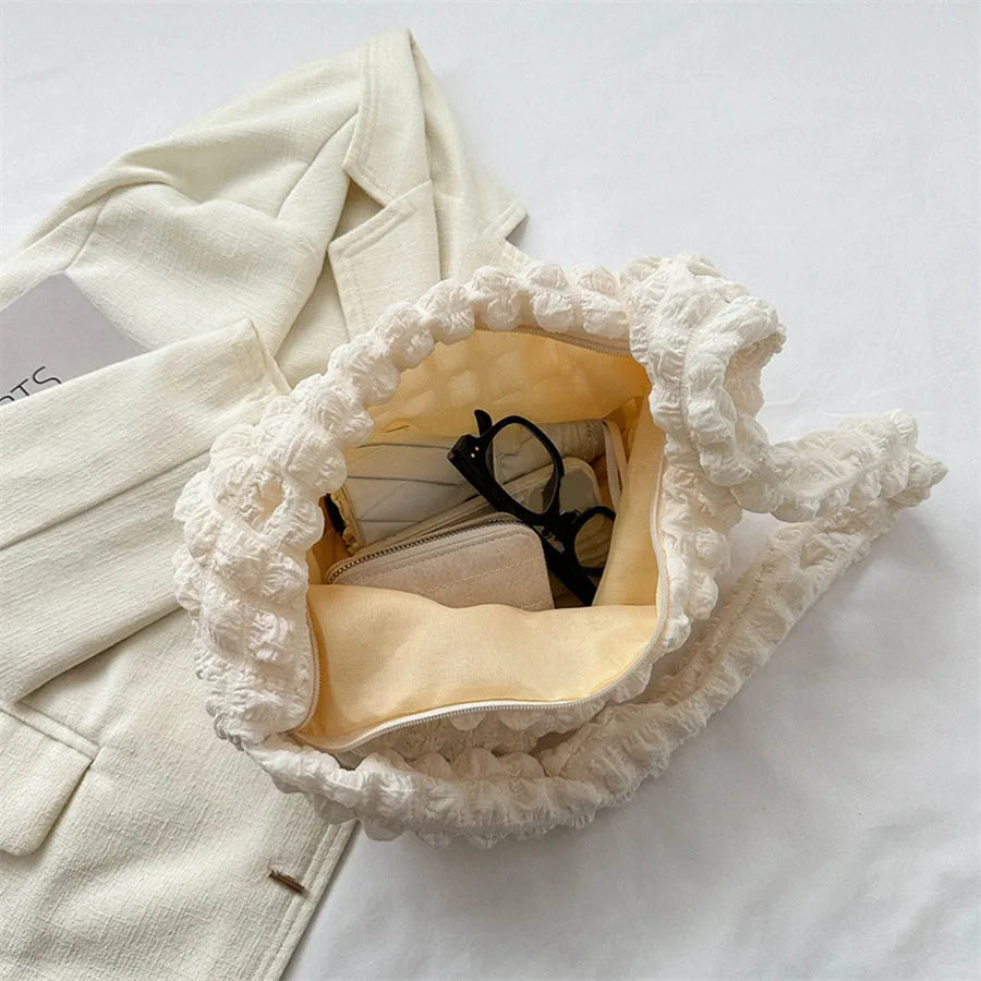 Crossbody Bag With Pleated Design Embroidered Plaid Shoulder Bag Underarm Bags Simple Large Capacity Quilted Tote Bags For Women