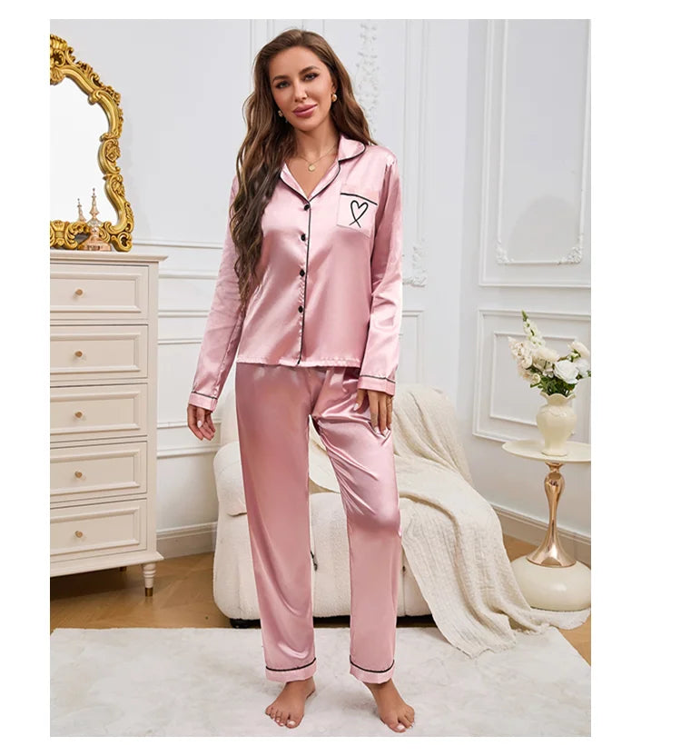 Women's Home Clothes Satin Pajama Autumn Long Sleeve Pocket Heart-shaped Embroidery Tops & Pants Pyjama Femme Loungewear Pj Set