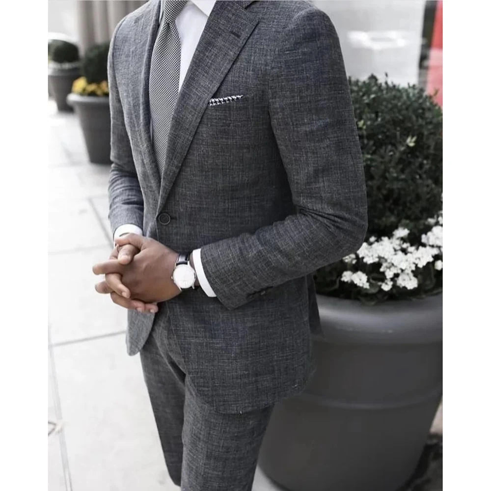 2025 Dark Gray Linen Men's Suit Bridegroom Tuxedo Tailor-Made Wedding Custom Single Breasted Male Blazer 2 pcs(Jacket+pants)
