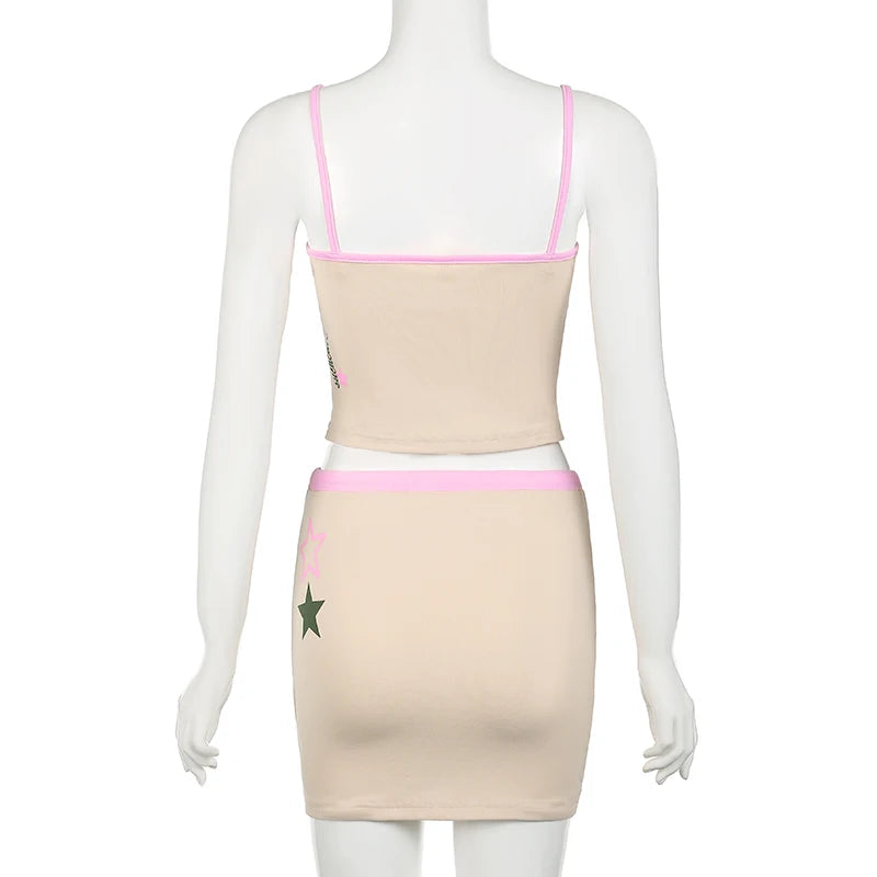 Cuteandpsycho Letter Print Two Pieces of Sets Women's Aesthetic Sexy Fashion Camisole and Mini Skirts Outfit Casual Summer Cloth