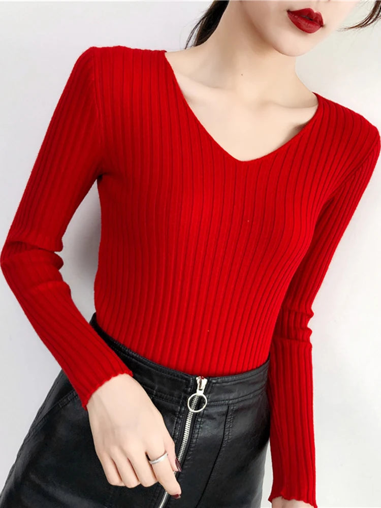 2025 V Neck Women Autumn Winter Sweaters Slim Knitted Pullovers Soft Warm Solid Jumper Female Sweater Casual Knitwear Jersey Top