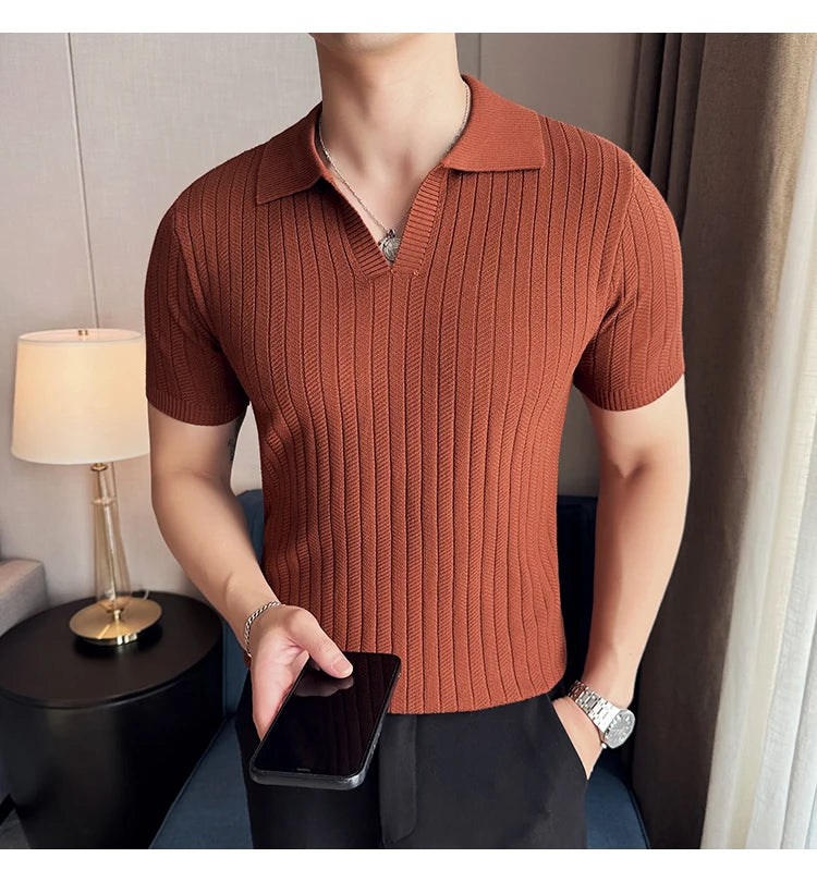 Men Striped Polo Shirt 2025 Summer Light Thin Breathable Solid Casual Elastic Slim Fit Short Sleeved V-neck T-shirt Men Clothing