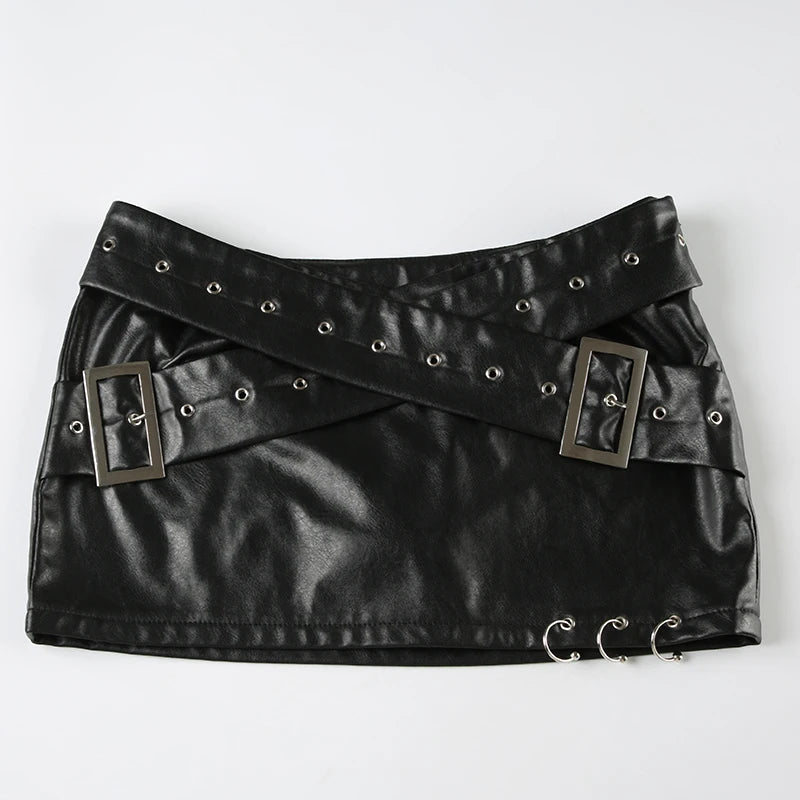 IAMSURE Dark Pu Leather Bodycon Skirt Sexy Slim Low-Waisted Super Mini Skirts Women 2024 Summer Fashion Streetwear Punk Style