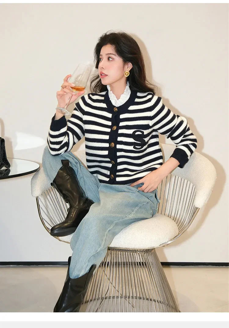 2024 Spring Classic S Letter Knit Cardigan Coat Women Stripe Sweater Ruffles Collar Tops Luxury Designer Brand Chic Y2K Clothing