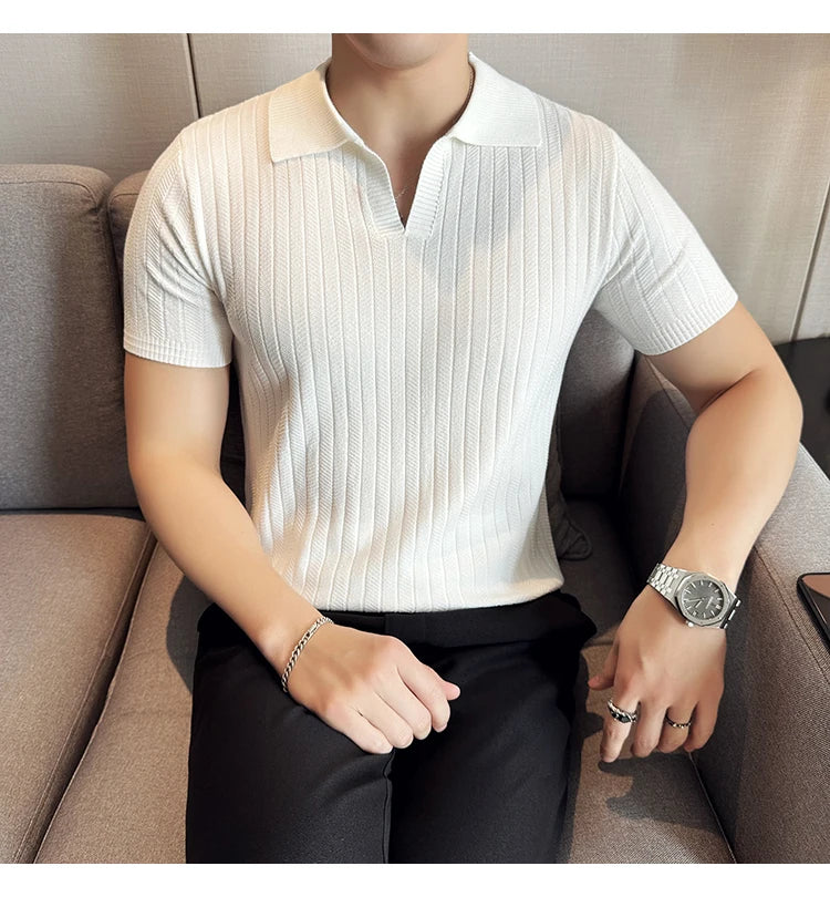 Men Striped Polo Shirt 2025 Summer Light Thin Breathable Solid Casual Elastic Slim Fit Short Sleeved V-neck T-shirt Men Clothing