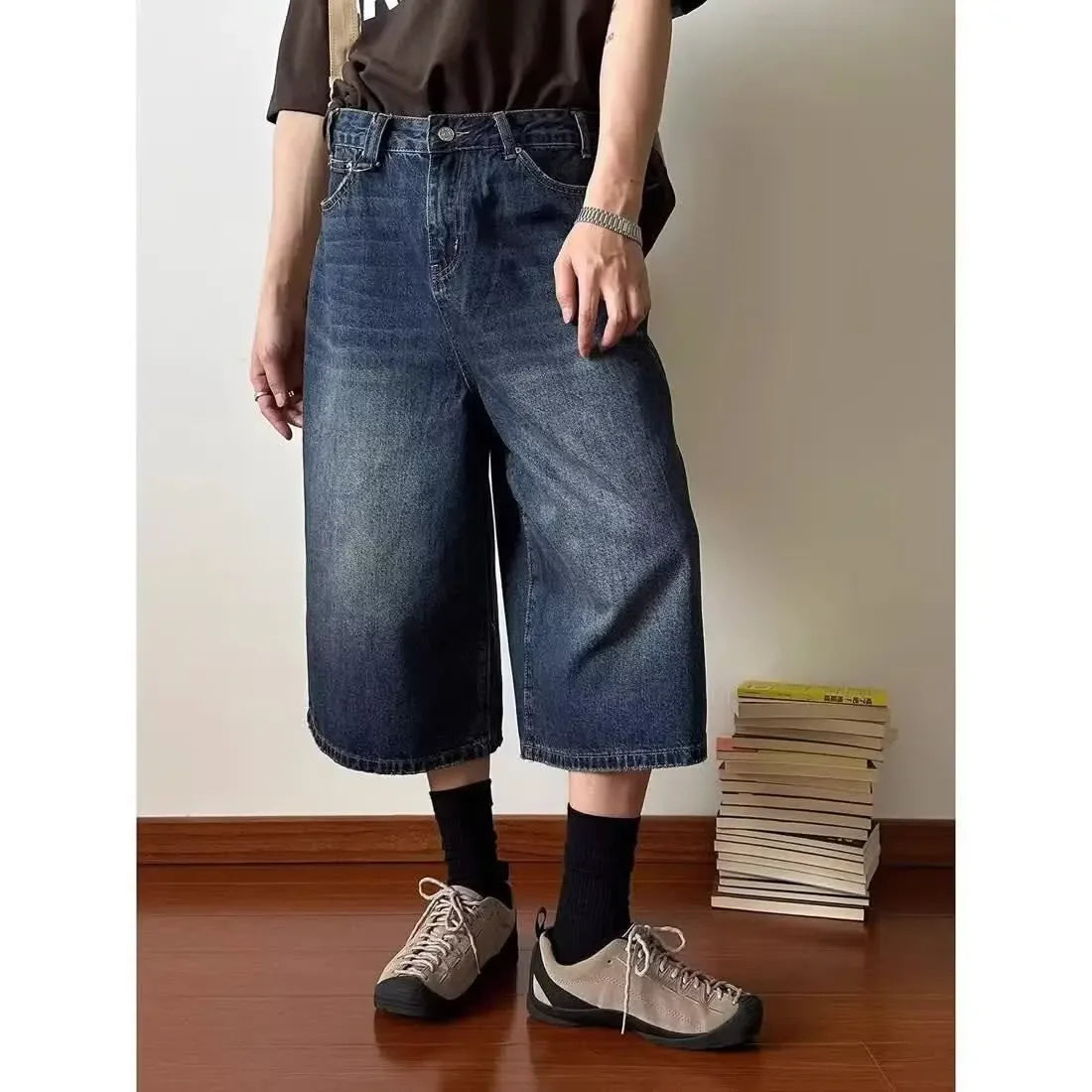 Retro Hong Kong Style Men's Loose Wide Leg Jeans Shorts Hip Hop Style Summer New Slimming Seven-Point Pants Trendy Casual Shorts