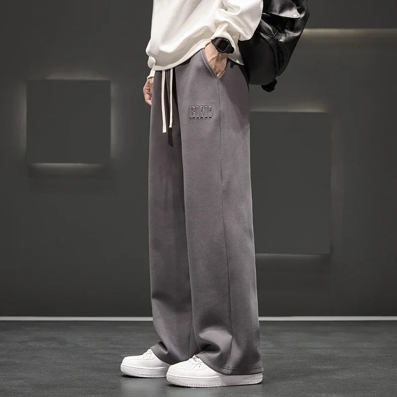 Autumn New Men Knitted Sports Pant Steel Stamp Printing Wide Leg Casual Trousers Straight Solid Lightweight Cotton Fabric Unisex