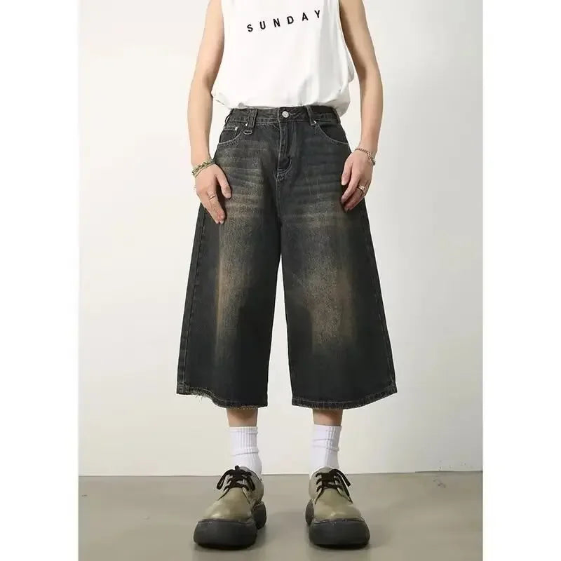 Retro Hong Kong Style Men's Loose Wide Leg Jeans Shorts Hip Hop Style Summer New Slimming Seven-Point Pants Trendy Casual Shorts