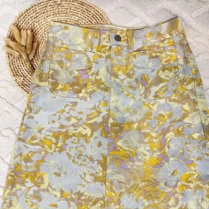 New High Waist 2025 American Retro Plant Flower Print Ladies Commuter Wide-leg Jeans Youthful and Beautiful Out of The Street