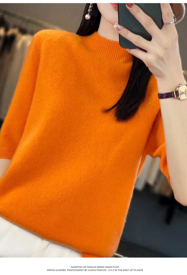 100% pure wool short sleeve summer new women's semi-high neck pullover blouse loose knit vest fashion T-shirt