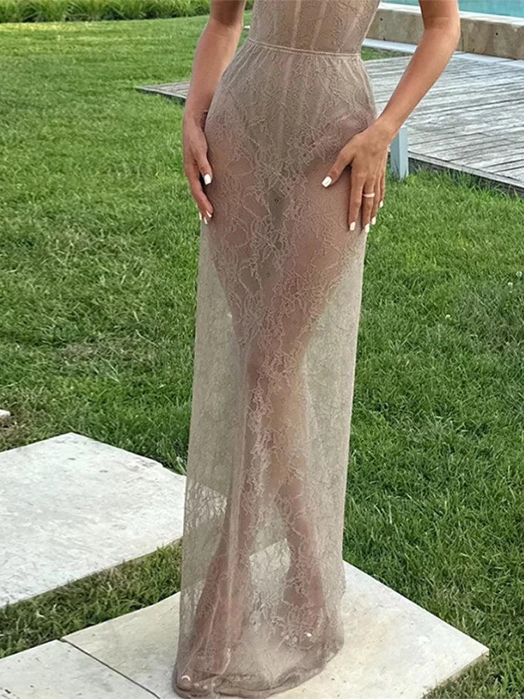 Sexy Fishbone Jumpsuit Lace Skirt Set Women Slim Sleeveless Top Fishtail See Through Long Skirts 2025 Summer Beach Lady Outfits