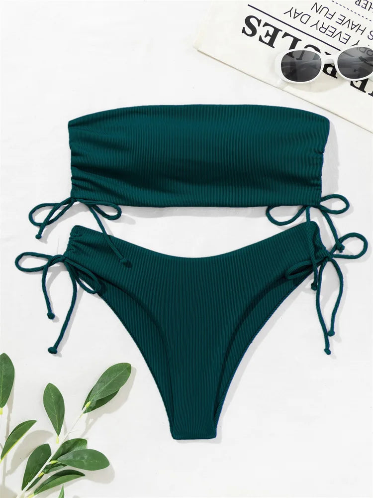 UETEEY 2025 New Summer Swimwear Bikinis Set Sexy Strapless Bikini 2 Piece Set Women Solid Split Swimsuit Backless Beach Bikini